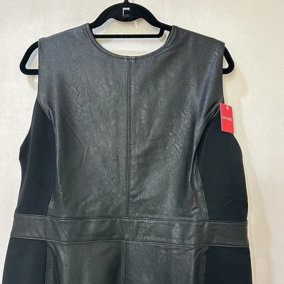 SPANX WOMENS BLACK LEATHER LIKE COMBO FITTED SHEATH DRESS BLACK Sz 1X NEW - Picture 4 of 14